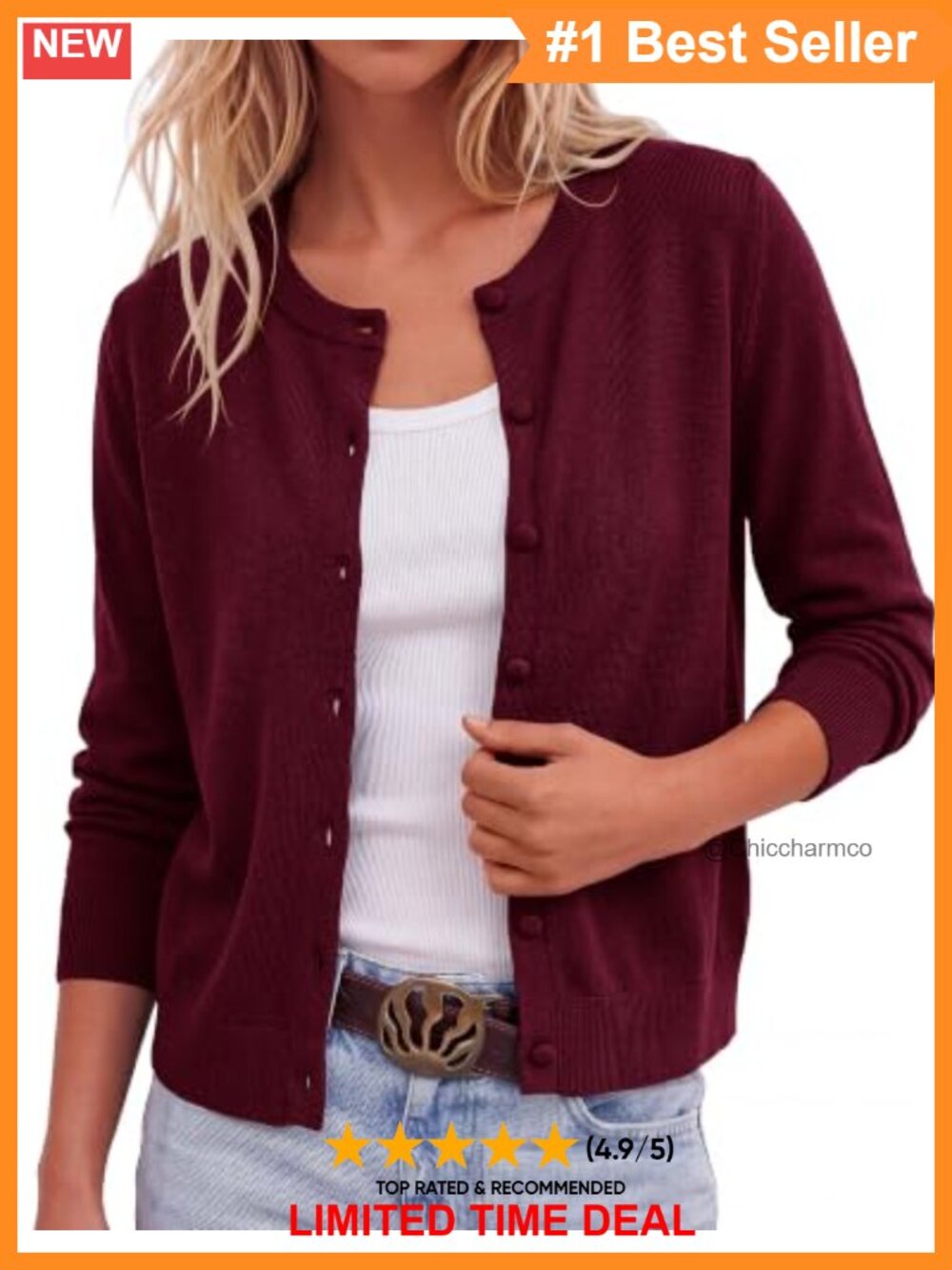 Lightweight Button Up Crew Neck Cardigan Sweater Long Sleeve Ribbed Cuffs